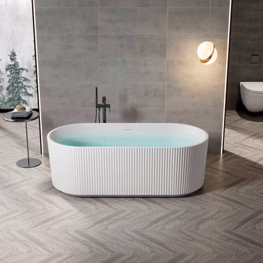Belvit Freistehendes Design Bad Rondo Acryl Vertikal Streifen Mattweiß 170x80cm Ovale Luxus Wellness Wanne Inklusive Ab Überlaufgarnitur Doppelwandig Modern