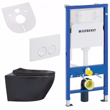 Belvit Wand WC Set spülrandlos Schwarz matt mit Softclose WC Sitz und Geberit UP100 Vorwandelement Keramik