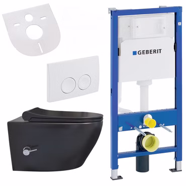 Belvit Wand WC Set spülrandlos Schwarz matt mit Taharet Bidet Warm-Kaltwasser Softclose passend für Geberit UP100