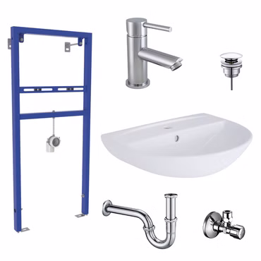 Belvit Waschbecken Komplettset 50 cm Keramik mit Armatur, Vorwandelement, Siphon, Pusher, und SCHELL Eckventil