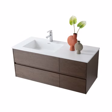 Waschbecken Set WONDA 120 cm linksseitiges Becken Mattweiß Kunstmarmor mit Unterschrank Nussbaum Dunkel