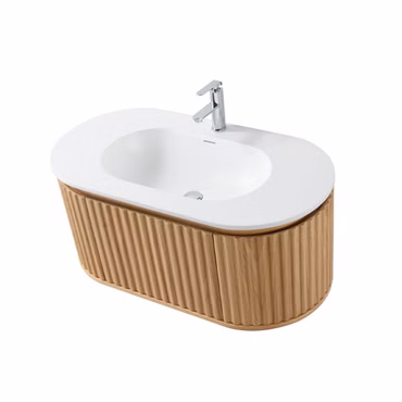 Waschtischunterschrank-Set ISARA 100 cm Waschtisch mattweiß Mineralguss mit Unterschrank Eiche Natur