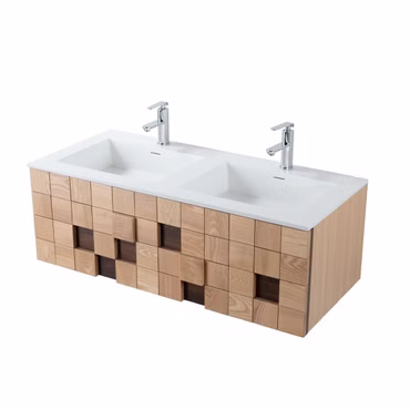 Waschtischunterschrank-Set MOVEA 120 cm Waschbecken mattweiß Mineralguss slim mit Unterschrank helle Eiche Blockmuster