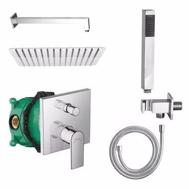 Duschset mit Hansgrohe Vernis Shape Unterputz Wannenmischer Chrom und iBox mit Belvit Regendusche Handbrause Schlauch Arm Brausebogen