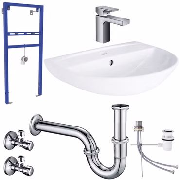 Waschbecken Komplettset Tulpe 50 cm mit Hansgrohe Armatur und Ablaufgarnitur und Belvit Vorwandelement Siphon Schell Eckventil