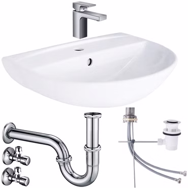 Waschbecken Komplettset Tulpe 50 cm mit Hansgrohe Armatur Ablaufgarnitur und Belvit Siphon Schell Eckventil