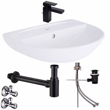 Waschbecken Komplettset Tulpe 55 cm mit Hansgrohe Armatur Ablaufgarnitur schwarz und Belvit Siphon + Schell Eckventil