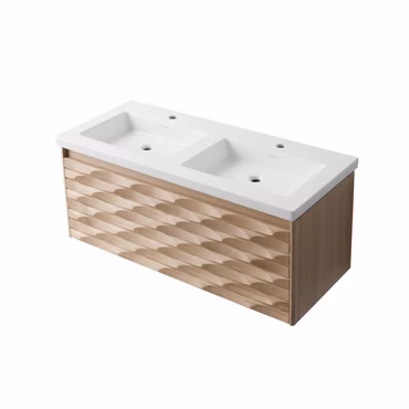 Doppelwaschbecken Badmöbel Set modern 120 cm mattweiß mit ARGENA Unterschrank Eiche Softclose