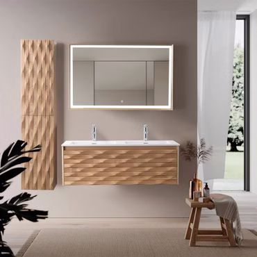 Doppelwaschbecken Badmöbel Set modern 120 cm mattweiß mit ARGENA Unterschrank Eiche Softclose