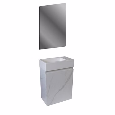 BELVIT Aufsatzwaschbecken Set 40 cm Weiß glänzend mit Unterschrank Weiß Marmor ohne Überlauf reversibel Softclose
