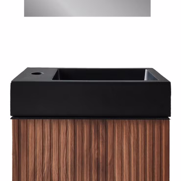 BELVIT Aufsatzwaschbecken Set 40 cm Mattschwarz mit Waschtischunterschrank Nussbaum rechts platzsparend modern
