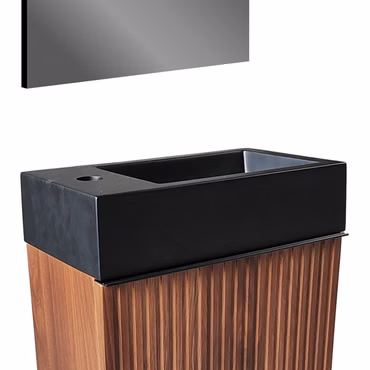 BELVIT Aufsatzwaschbecken Set 40 cm Mattschwarz mit Waschtischunterschrank Nussbaum rechts platzsparend modern
