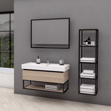 BELVIT Badmöbel Set mit Waschbecken 100 cm & Unterschrank 95 cm Nussoptik mit Metallgestell