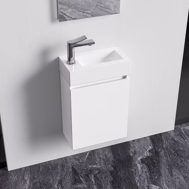 Belvit Badmöbel-Set 40 cm Weiß glänzend mit Waschbecken Unterschrank grifflos Soft Close umkehrbar Spiegel