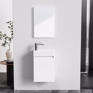 Belvit Badmöbel-Set 40 cm Weiß glänzend mit Waschbecken Unterschrank grifflos Soft Close umkehrbar Spiegel