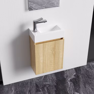 Belvit Badmöbel-Set 40 cm helle Eiche mit Waschbecken Unterschrank grifflos Soft Close umkehrbar Spiegel