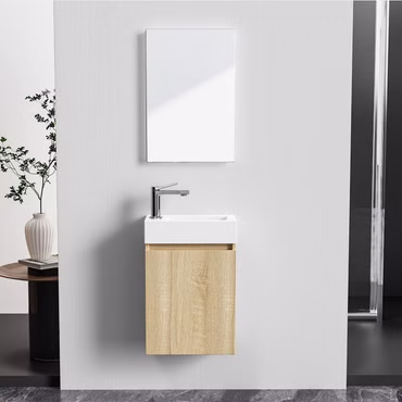 Belvit Badmöbel-Set 40 cm helle Eiche mit Waschbecken Unterschrank grifflos Soft Close umkehrbar Spiegel