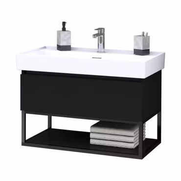 BELVIT Badmöbel Set mit 80 cm Keramikwaschbecken Aufsatz- oder Wandmontage mit Überlauf & Hahnloch inklusive SOVENA Badunterschrank Schwarz Matt