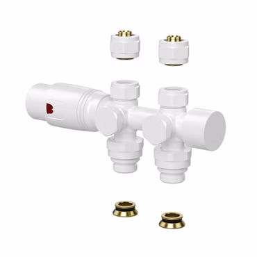 Belvit Design Heizkörperventil Thermostat Weiß glänzend für Wand- und Bodenanschluss 1/2" PEX 16 x 2mm Konus M30