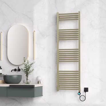 BELVIT Elektrischer Badheizkörper mit Digitalem Thermostat Smart WiFi Rechtsanschluss 900W Gold Gebürstet 1600x500 mm