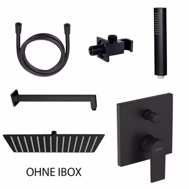 Duschset mit Hansgrohe Vernis Shape Unterputz Wannenmischer und Belvit Regendusche 30x30 cm Handbrause Wandanschlussbogen Mattschwarz
