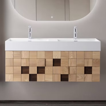 Waschtischunterschrank-Set MOVEA 120 cm Waschbecken mattweiß Mineralguss mit Unterschrank helle Eiche Blockmuster