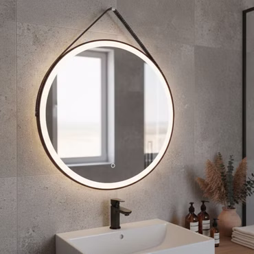 BELVIT Runder LED Spiegel mit Touch Funktion und Gurt 80 cm Mattschwarz Badspiegel mit Beleuchtung