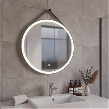 BELVIT Runder LED Spiegel mit Touch Funktion und Gurt 60 cm Mattschwarz Badspiegel mit Beleuchtung
