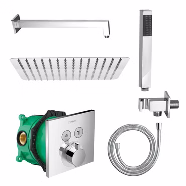 Duschset Hansgrohe ShowerSelect Thermostat Unterputz iBox universal Chrom eckig mit Regendusche Handbrause Duschschlauch Brausearm Wandanschlussbogen