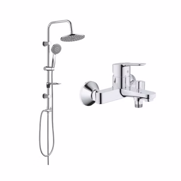 GROHE BauEdge Wannenarmatur mit BELVIT  Regenduschen Dusch-Set - Chrom, Einhand-Wannenbatterie inklusive Duschsystem, Brausestange, Seifenablage