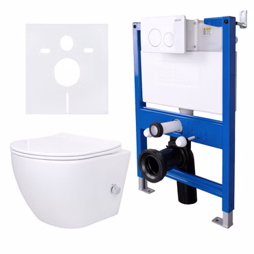 BELVIT WC Komplettset spülrandloses Dusch-WC Bidetfunktion Armatur mit Vorwandelement 75-82 cm Softclose Deckel Drückerplatte Weiß