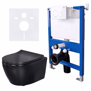 BELVIT Dusch-WC Bidet Komplettset Schwarz matt mit Vorwandelement 75-82 cm Soft-Close Deckel Drückerplatte
