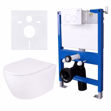 BELVIT Komplettset Hänge-WC Weiß spülrandlos Soft-Close Deckel Vorwandelement 75-82 cm Drückerplatte