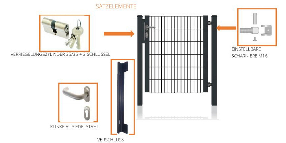 Gartentor mit Rahmen rechts und links oben und unten offen Farbe Anthrazit. Spitzen zeigen nach unten. Zubehör wie Schanier, Türklinke und Schloß abgebildet