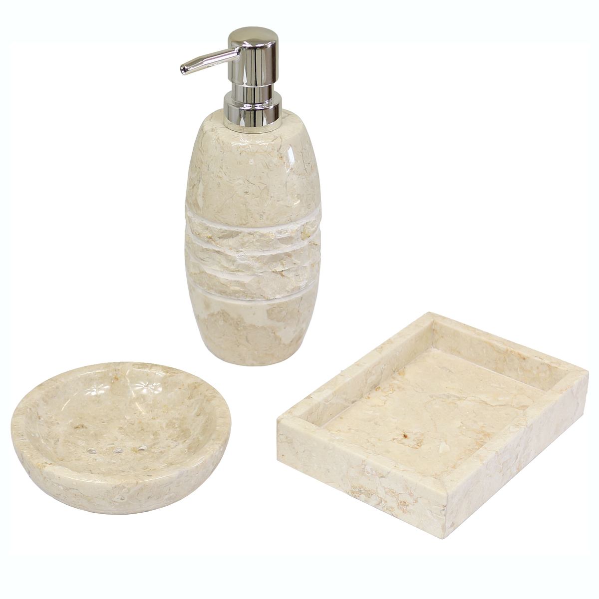 Badezimmer Garnitur Seifenschalen Set Seifenspender Mamor Stein Bad Deko Naturstein Steinseifenspender Creme Natur poliert 3er Set Nr. 2