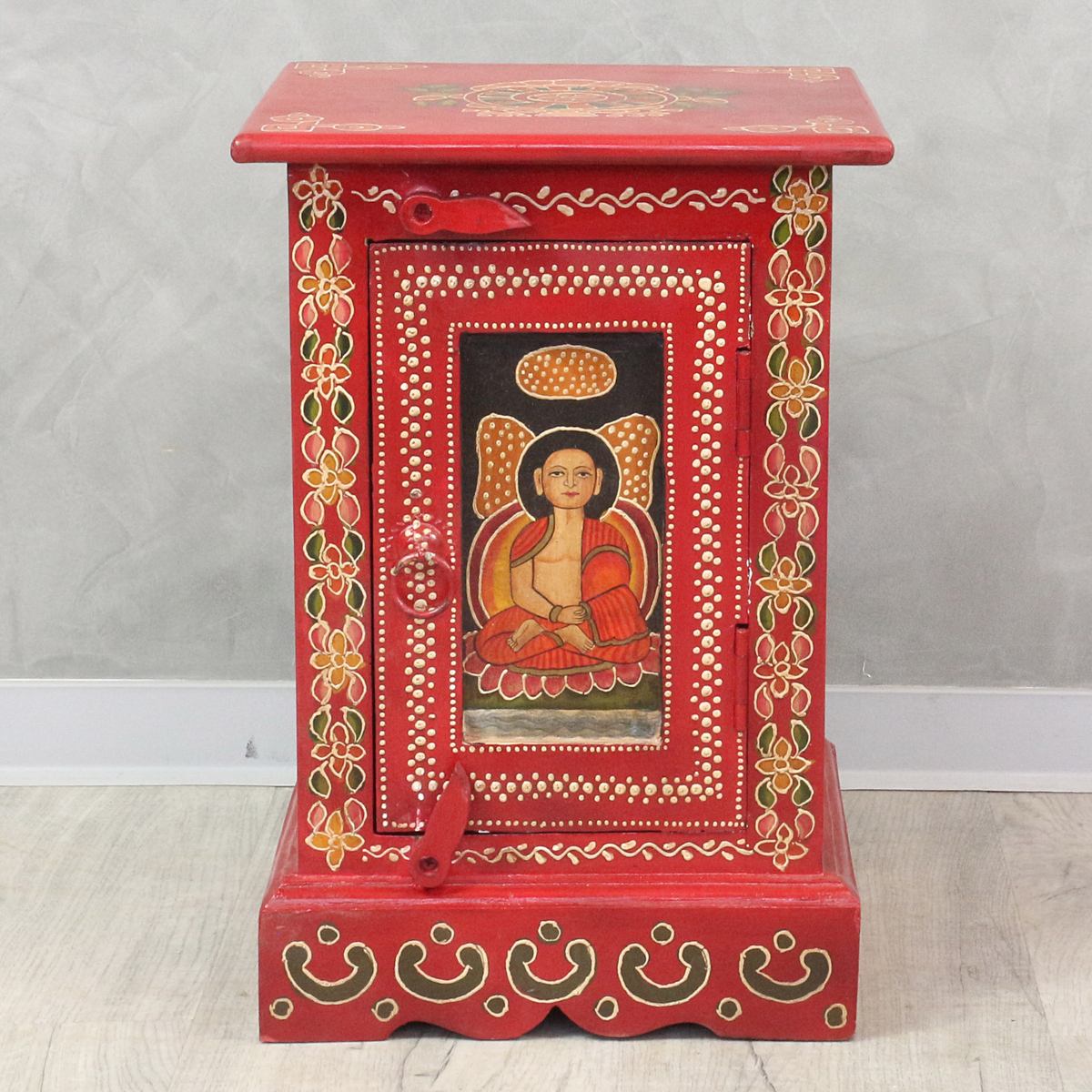 Indischer kleiner Schrank Schränkchen tibetische Buddha-Verzierung, Dunkelrot Wandschrank Holzschrank Kommode Yoga 45 cm
