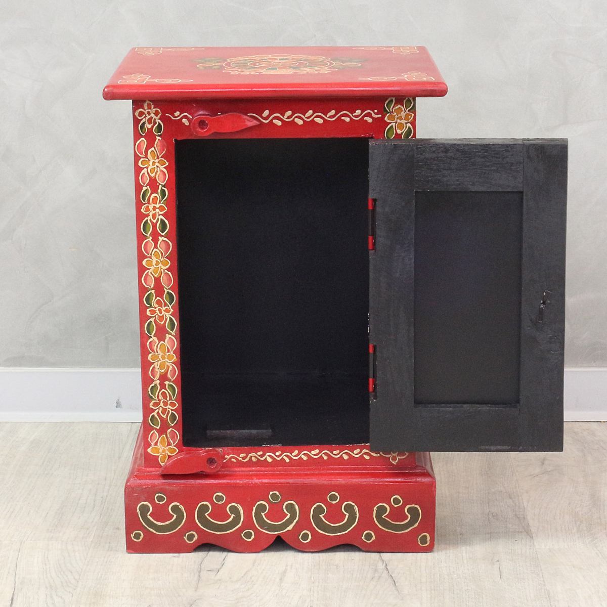 Indischer kleiner Schrank Schränkchen tibetische Buddha-Verzierung, Dunkelrot Wandschrank Holzschrank Kommode Yoga 45 cm