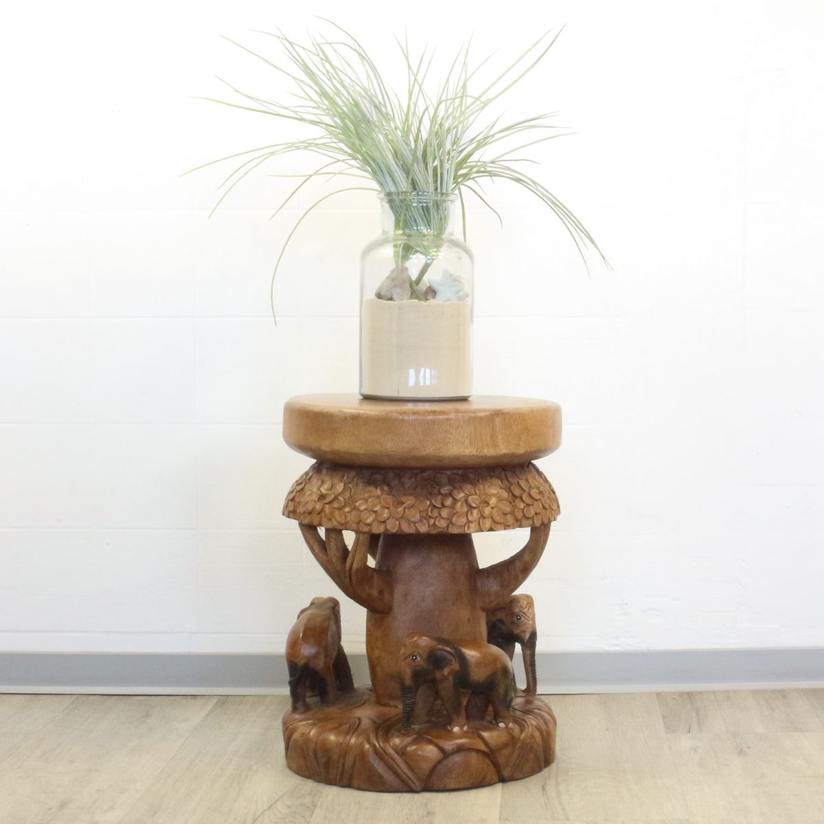 Elefanten-Hocker Rund-Hocker Holz-Hocker Blumen-Hocker Holz ca. 45 cm Hellbraun