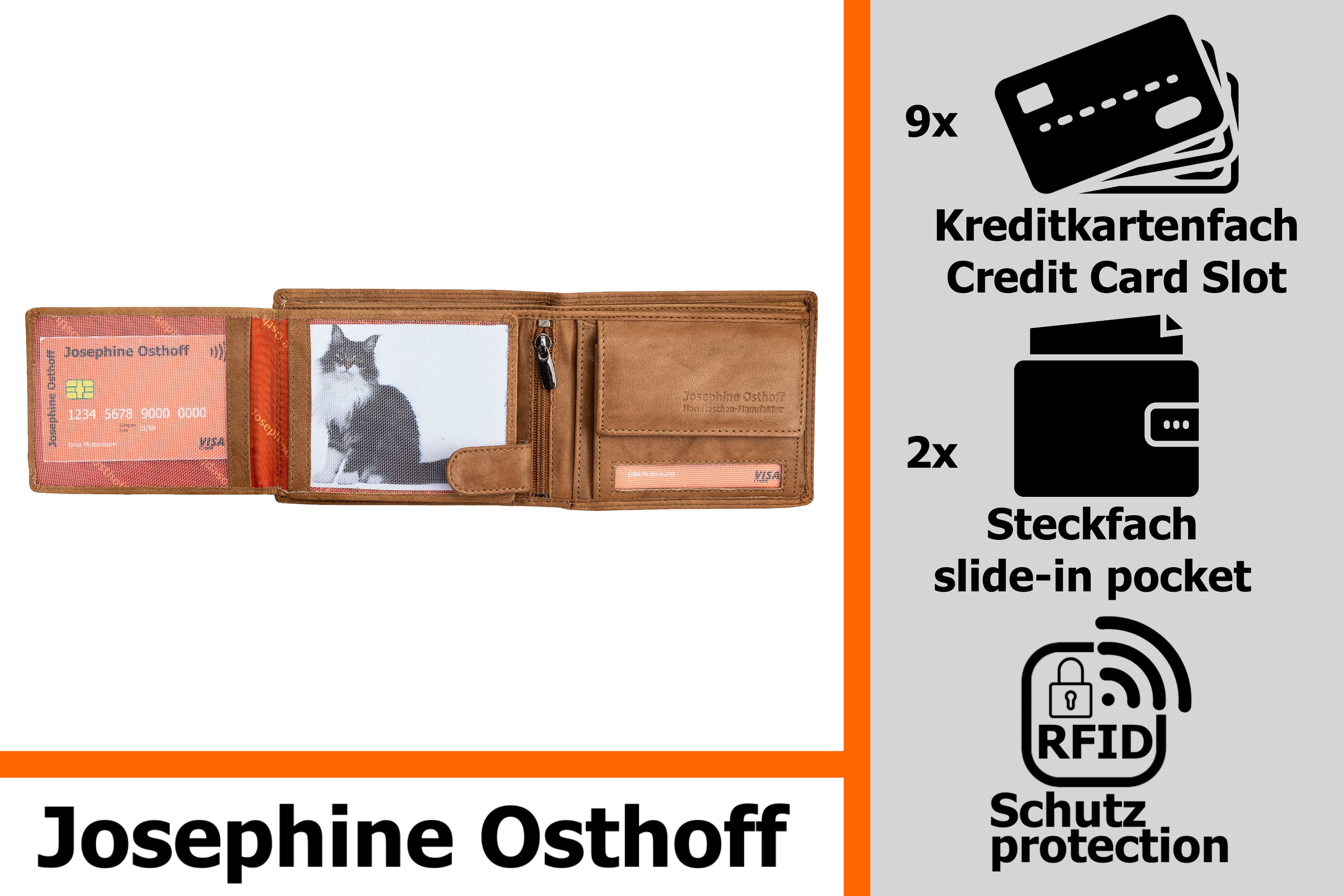 Josephine Osthoff Geldbörse Herren klassisch Querformat, Tri-Fold, Münzfach, Kartenfächer mit RFID, 100% Echtleder, Reißverschlussfach innen