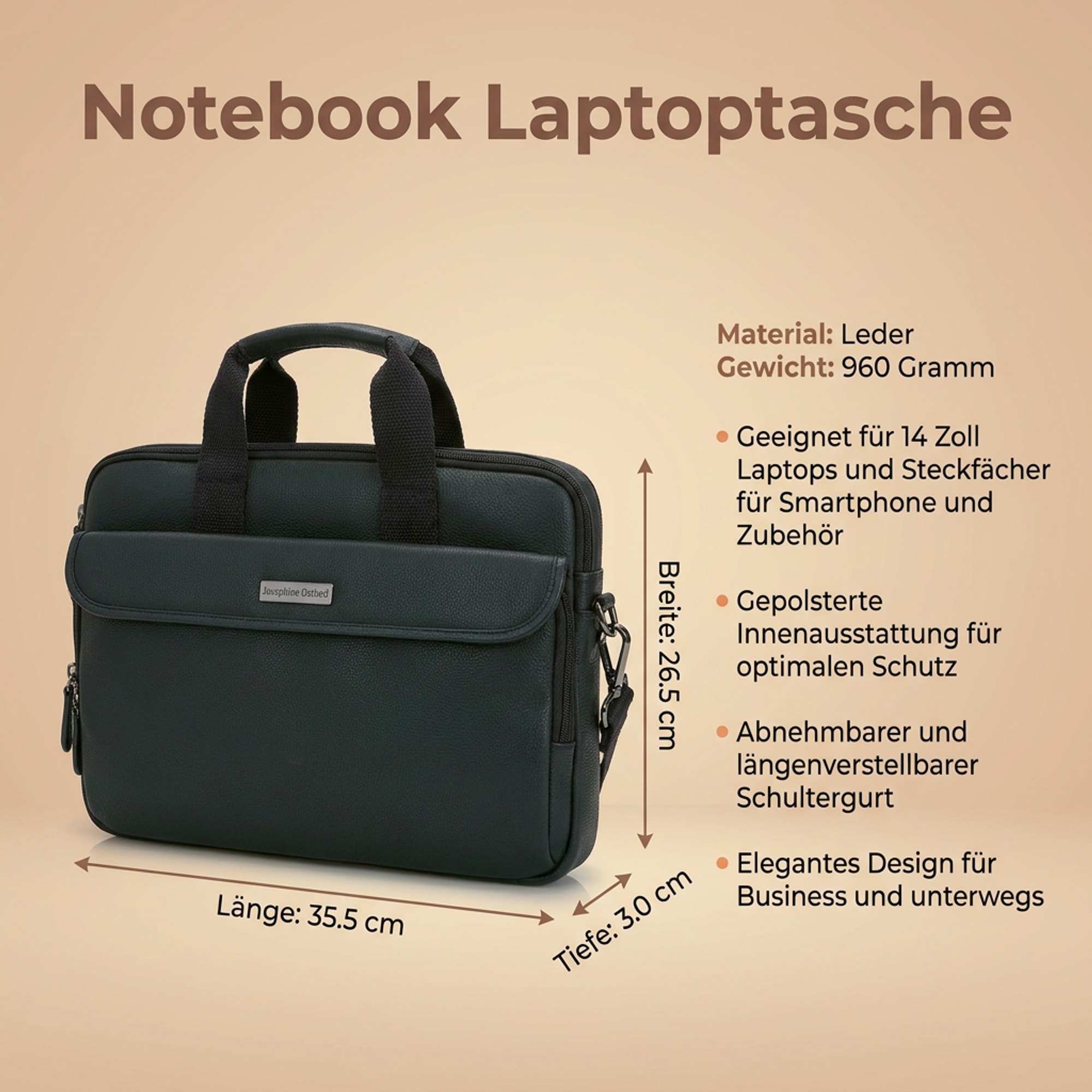 Josephine Osthoff Laptoptasche Notebooktasche, handgemacht aus 100% Echtleder, Umhängetasche für bis zu 14 Zoll, Aktentasche Notebook, Crossbody Schultergurt