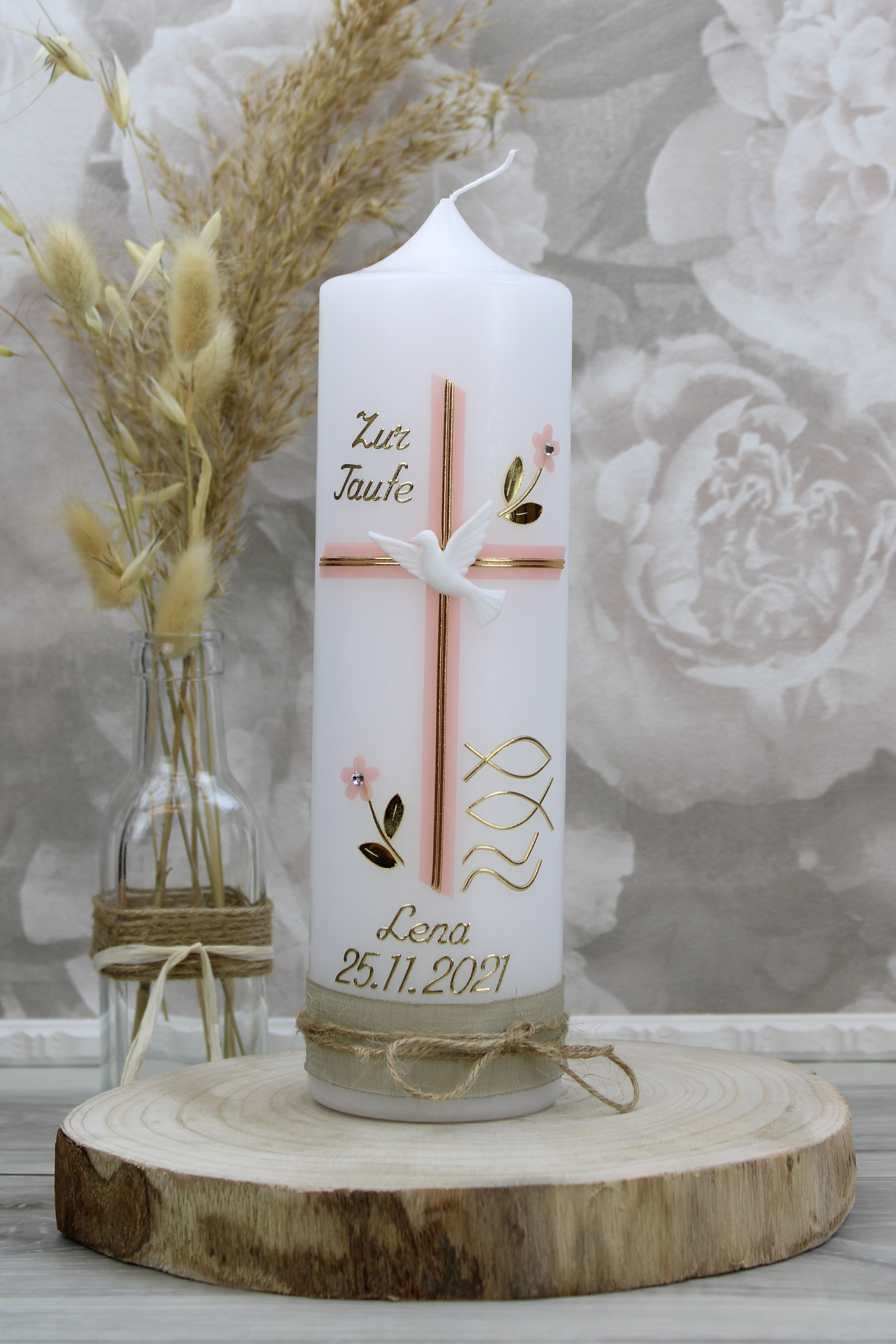 Taufkerze LENA mit Kreuz und Blumen