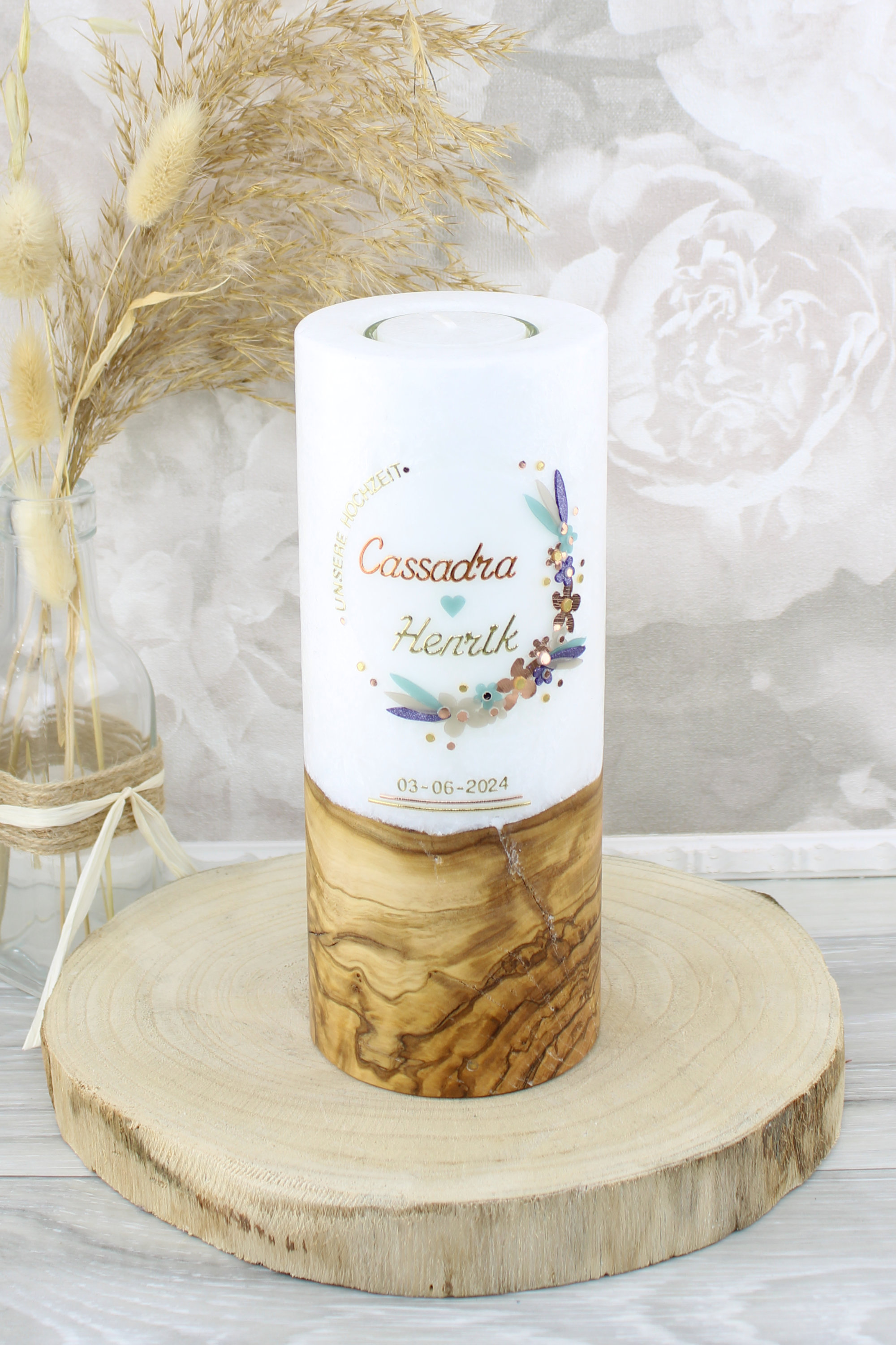 Hochzeitskerze mit echtem Holz Cassandra und Henrik 2522