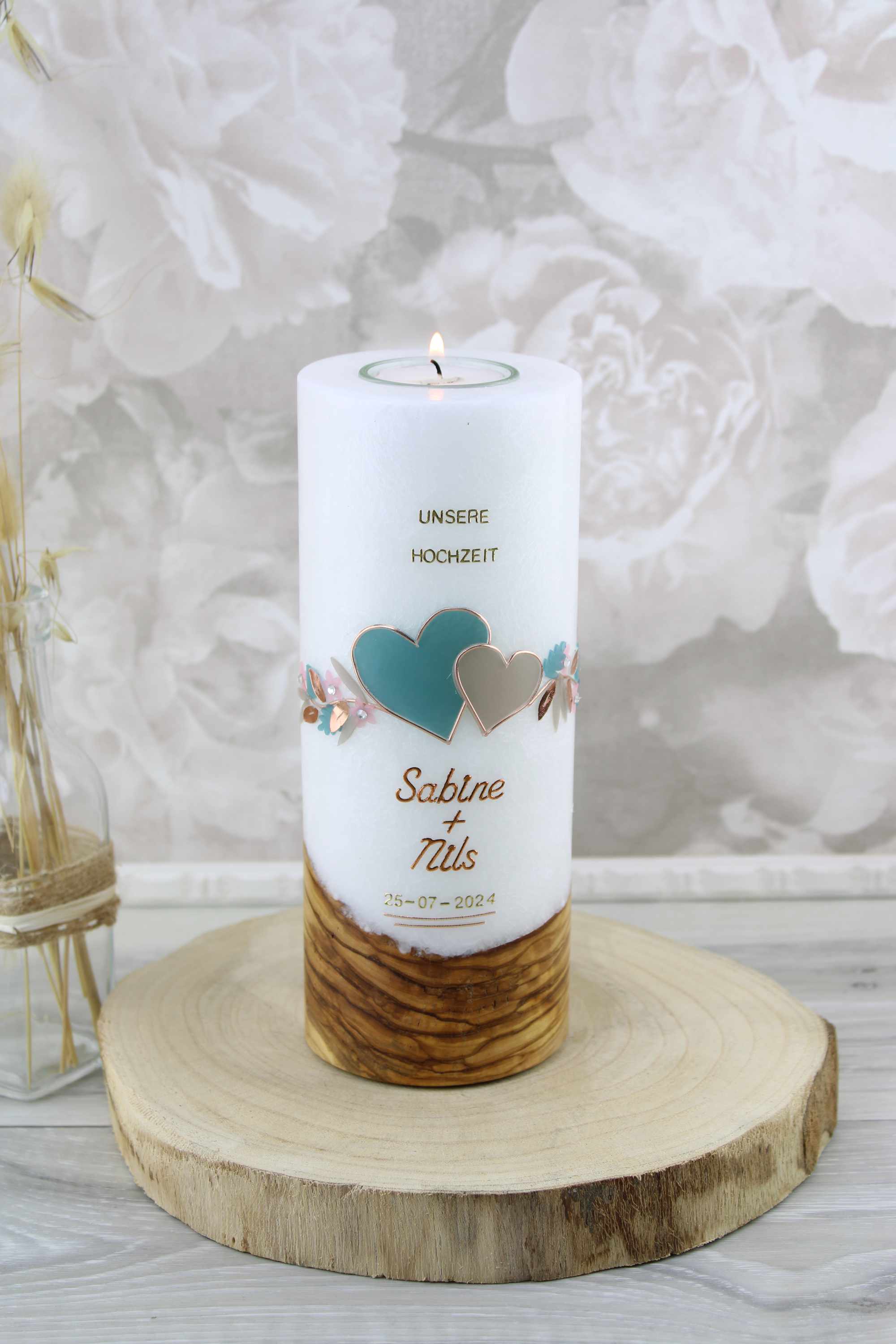 Hochzeitskerze Sabine und Nils mit echtem Holz 2582