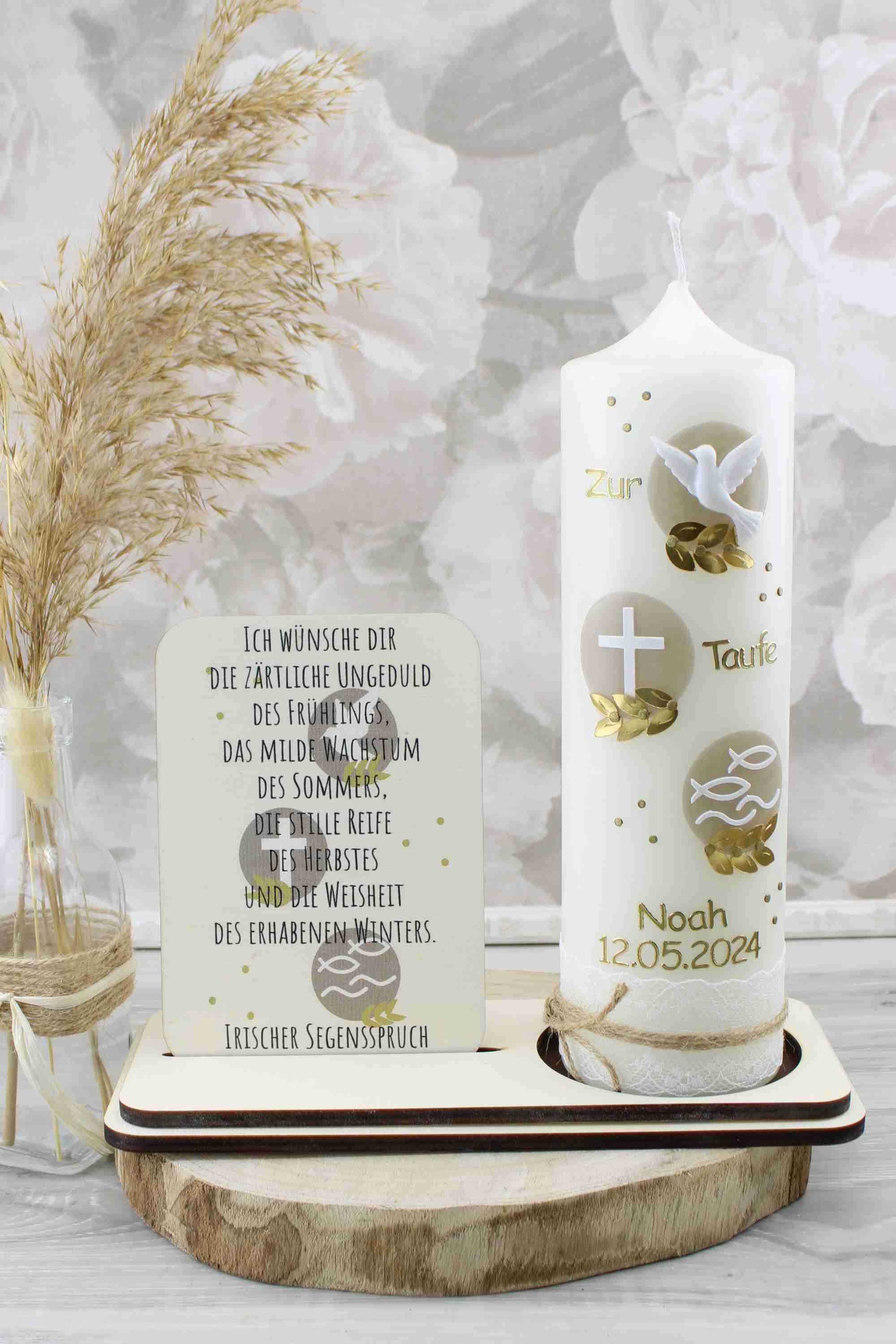 Taufkerze Noah Set mit Kerzenständer und Taufspruch