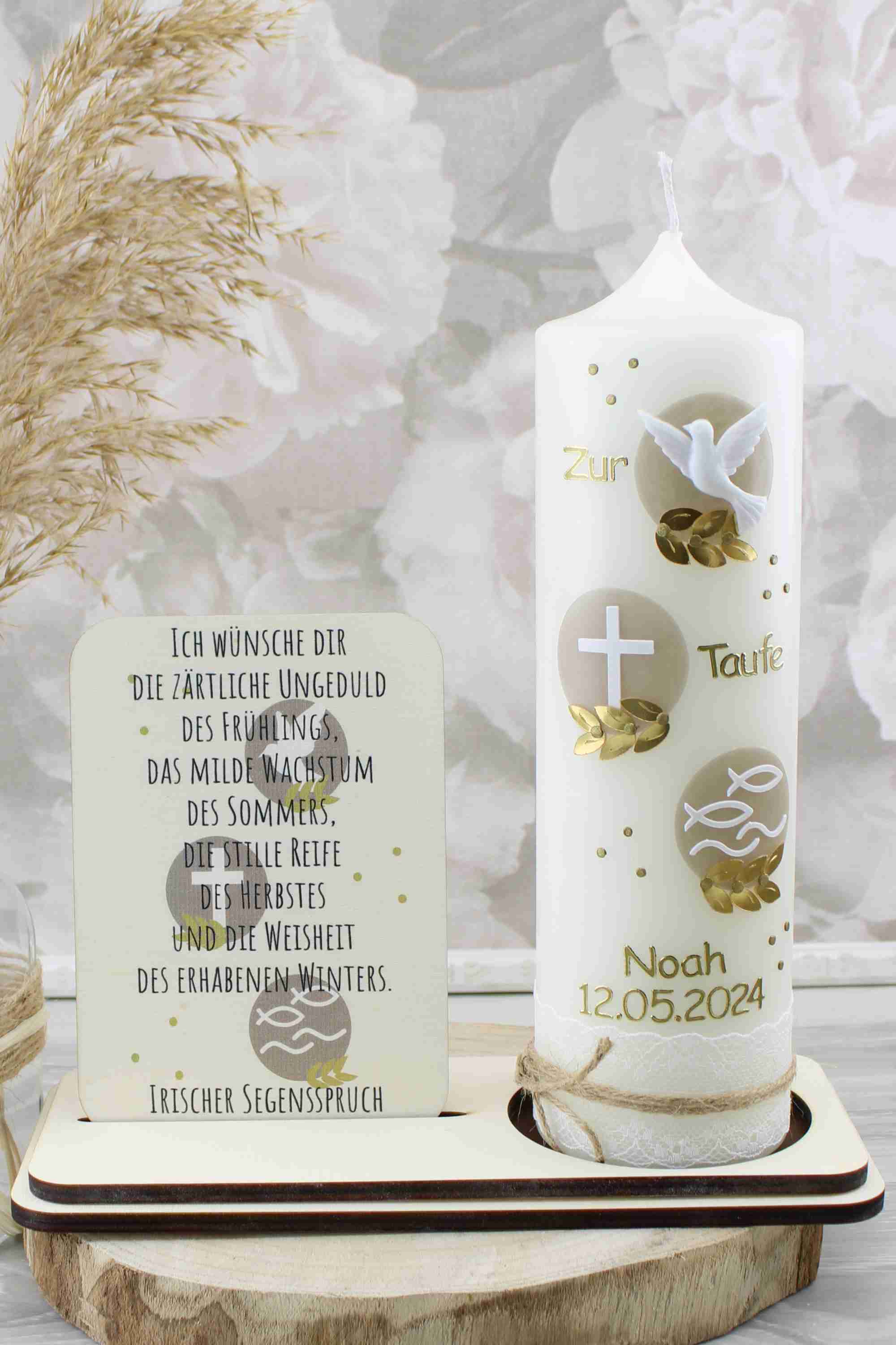 Taufkerze Noah Set mit Kerzenständer und Taufspruch