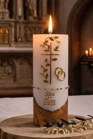 Hochzeitskerze Silas und Mara mit echtem Holz 2737