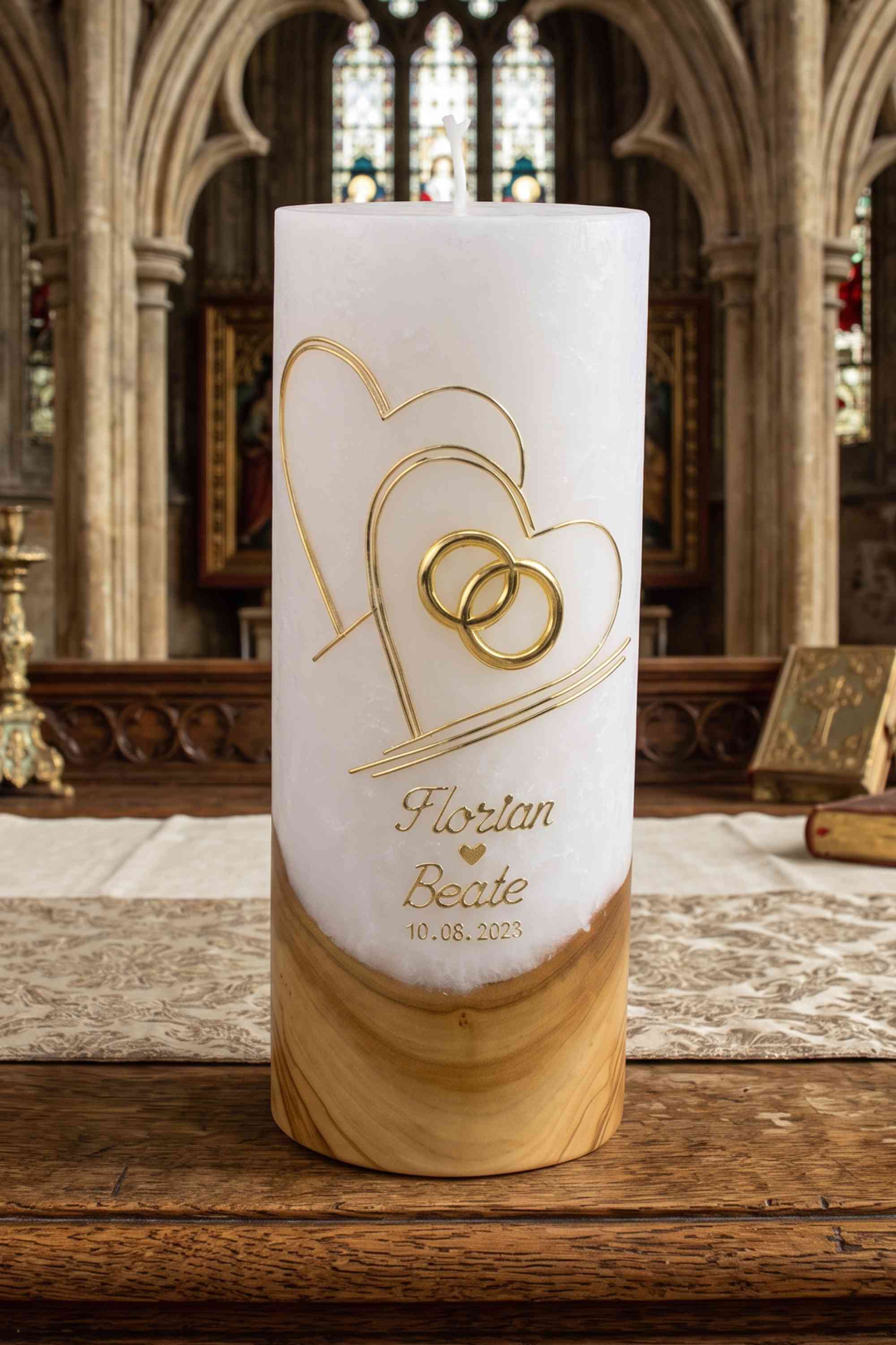 Hochzeitskerze Beate und Florian mit echtem Holz 2865