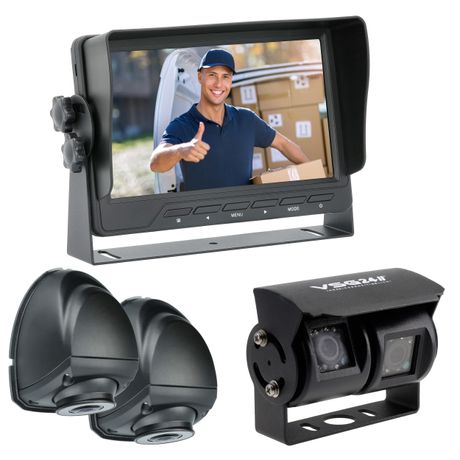 7" Rückfahrkamera Set RUNDUMBLICK |  QUAD-Monitor, Doppellinsen & Seitenkamera-Set  90°,120° und 150° Blickwinkel Transporter, Wohnmobil & LKW RVS-24512