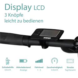 Tretwerk Akimbo Plus blau Das LC Display ist mit 3 Knöpfen leicht zu bedienen und bietet Übersicht über Akkuladestand, Fahrlevel, Geschwindigkeit und Strecke.