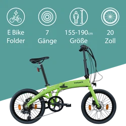 Tretwerk Akimbo Plus hellgrün Das Elektroklapprad mit 7 Gängen in 20 Zoll Größe eignet sich für Personen mit einer Körpergröße zwischen 155 und 190 cm.